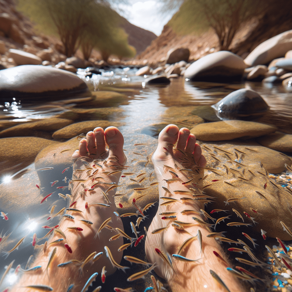 pesciolini pedicure all'opera in un wadi (fiume del deserto) in Oman