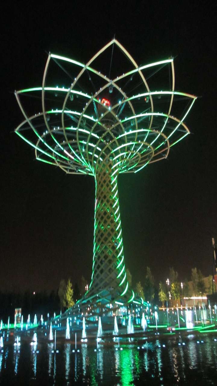 L'albero della vita, simbolo dell'expo di Milano, illuminato di verde è una scultura realizzata in legno e acciaio